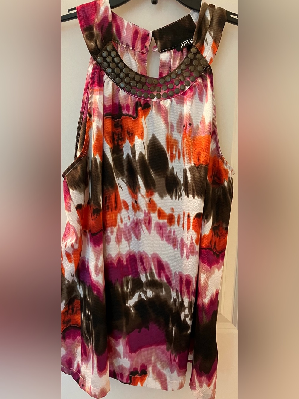 Apt. 9 Women’s Sleeveless Abstract Watercolor Blouse Studded Neckline Size L